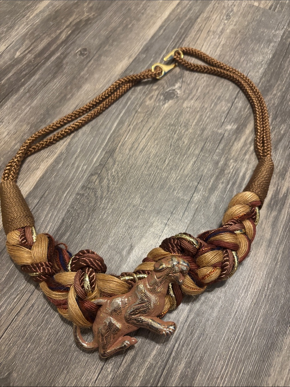 Free People Braided Brown and Gold Rope belt with Animal Pendant
